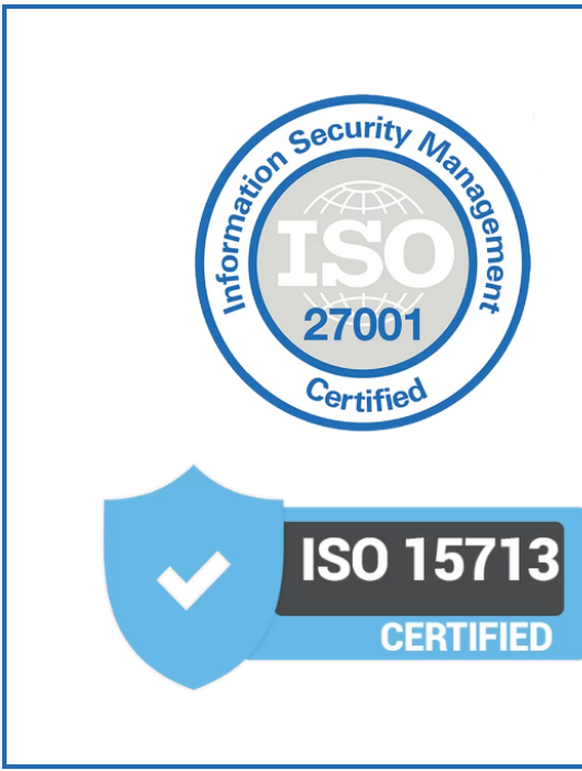 ISO 27001 Information Security Management Certified and ISO 15713 Certified badge
